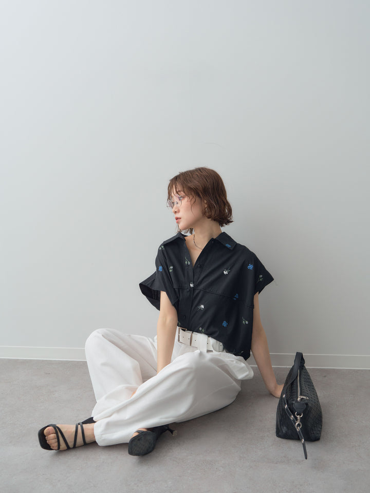 【套裝】花卉刺繡燈籠無袖襯衫+腰帶設計環扣闊腿褲（兩件套）