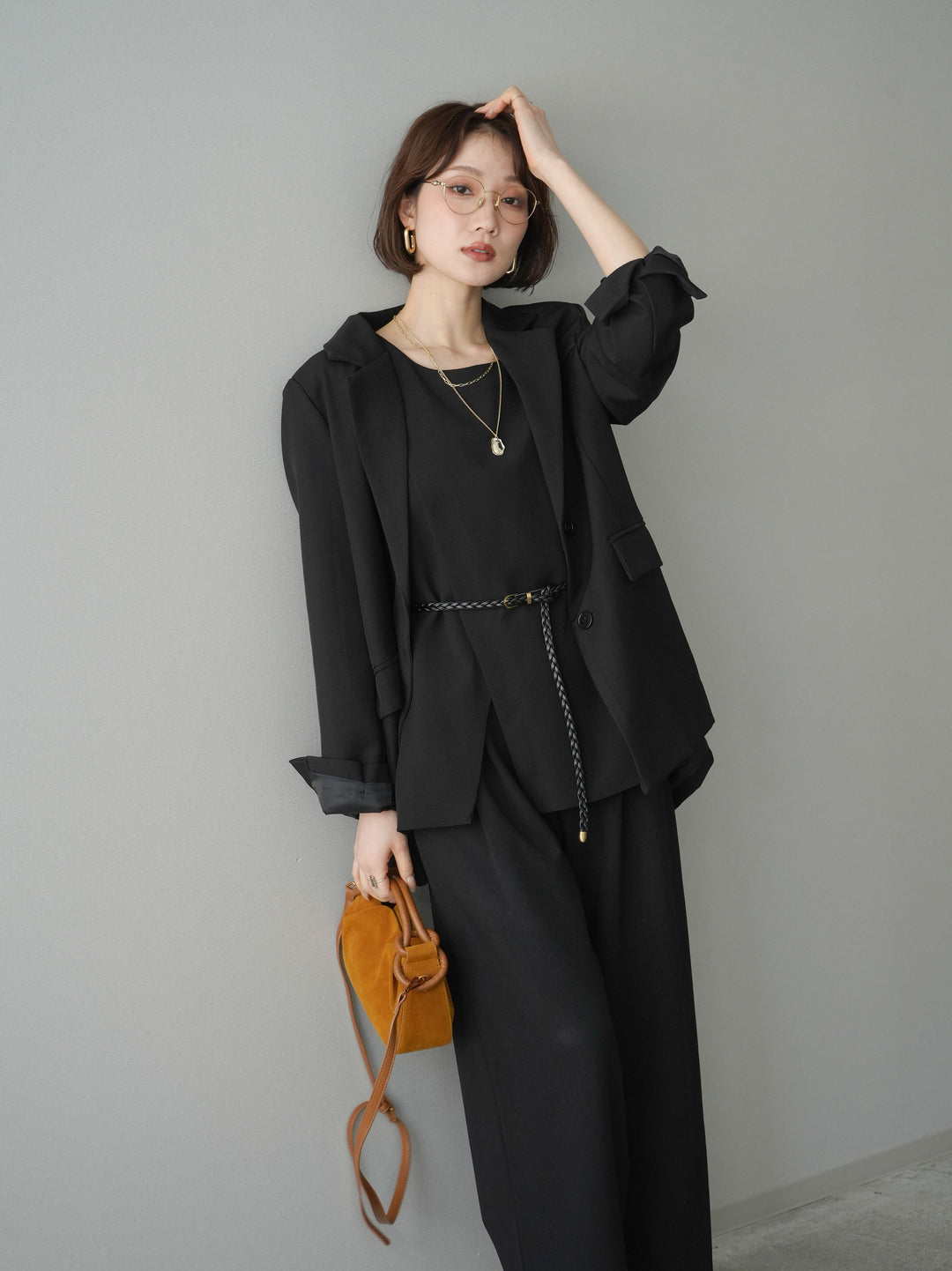 [SET]ベルト付ノースリーブトップス＆ワイドパンツSETUP+バックスリットデザインジャケット(2set)