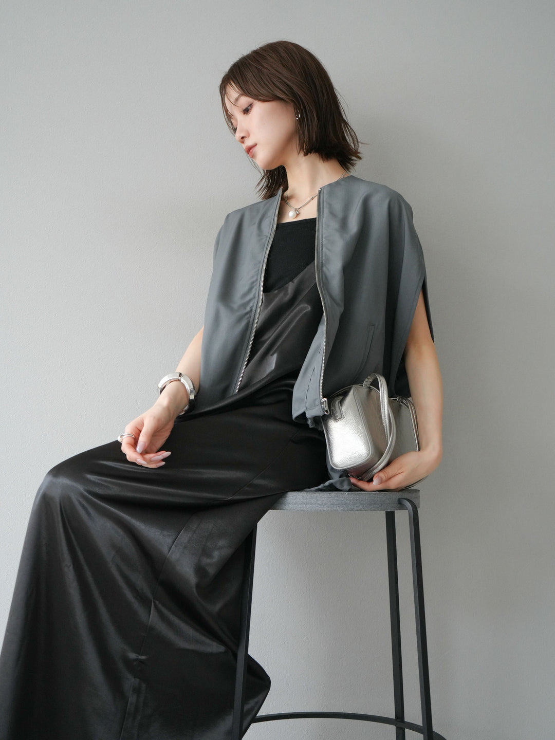 [予約]サテンキャミワンピース/ブラック