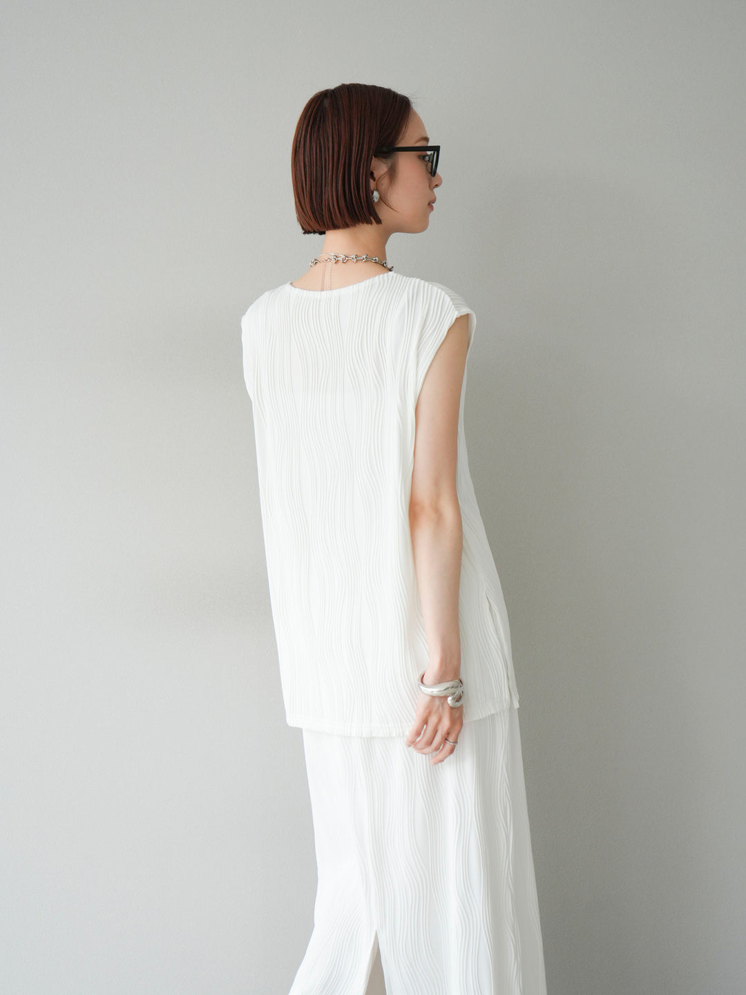 [SET]ウェーブパイピングVネックベスト+カップ付テレコリブベアキャミソール(2set)