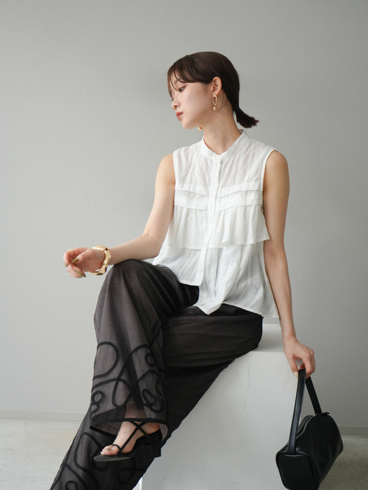 [予約]ドビーストライプアシンメトリーフリルノースリブラウス/ホワイト