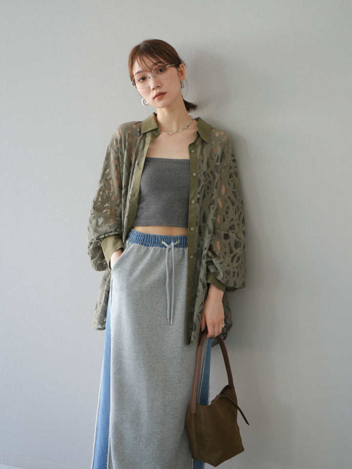 [SET]コードレースオーバーシャツ+デニムドッキングスウェットスカート(2set)