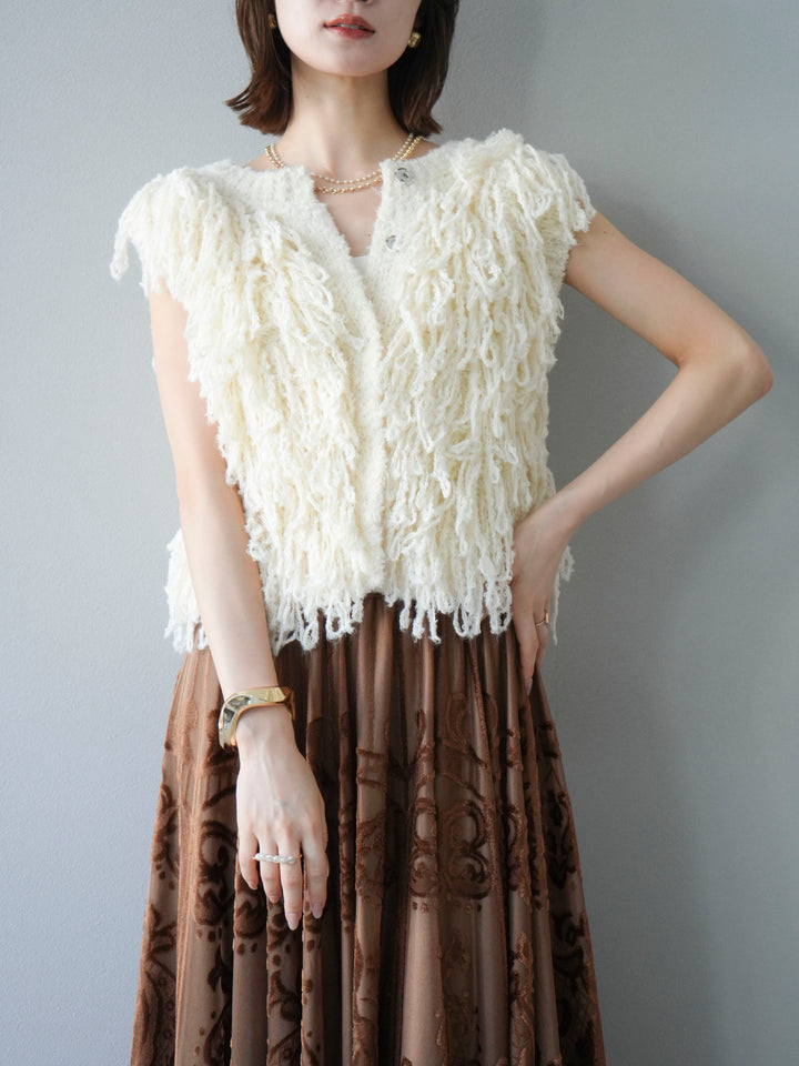 [SET]フリンジループニットベスト+アンティーク柄フロッキーマキシスカート(2set)