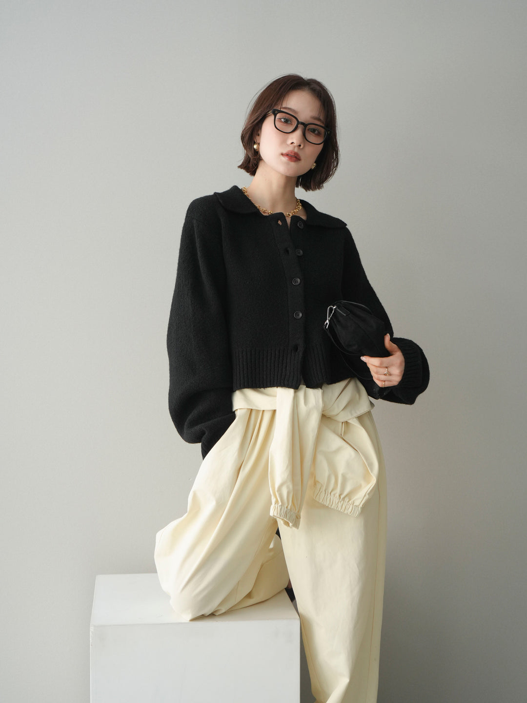 [予約]メランジニット襟付きクロップドカーディガン/black