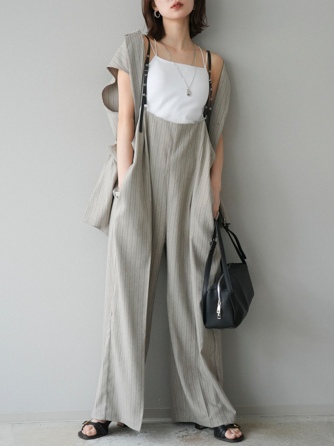 【着回しセット】[SET]ヘリンボーンストライプジレ+シアー切替ベロアトップス+ヘリンボーンストライプサロペット(3set)