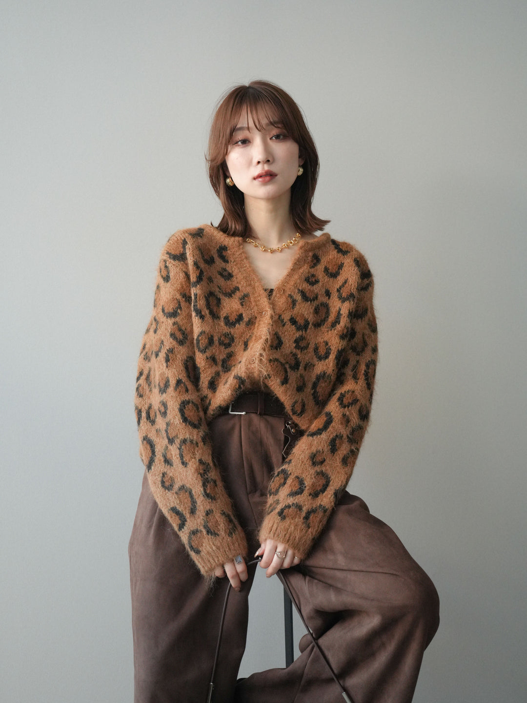 [SET]モヘアタッチレオパード柄ニットカーディガン+モヘアタッチレオパード柄ニットカーディガン(2set)