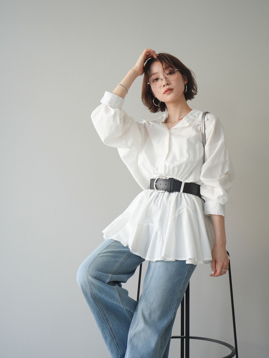 【預購】繫帶喇叭襯衫迷你洋裝 / 白色