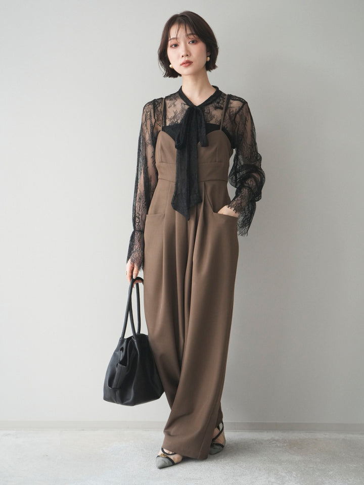 [SET]バックデザインサロペット+リバーレースボウタイトップス(2set)