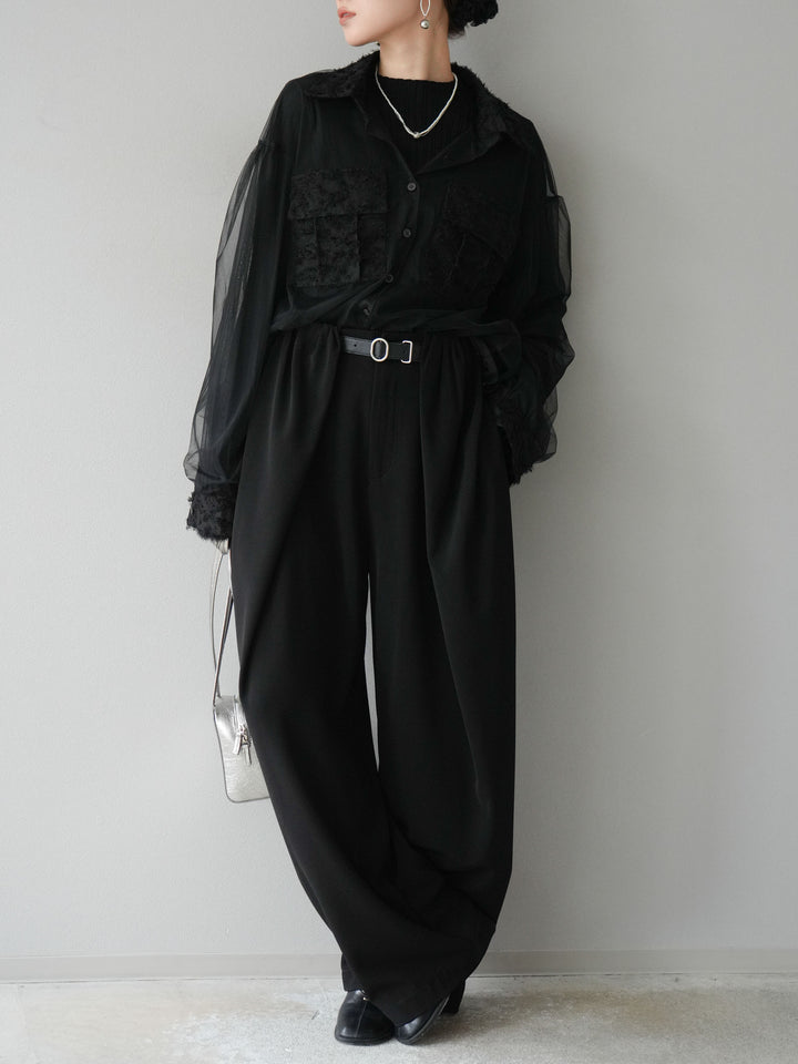 [SET]フリンジジャガード×チュールレイヤードシャツ+アームシャギーランダムリブニットトップス+ベルト付タックワイドパンツ(3set)