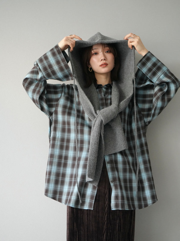 [予約]レザー襟オンブレチェックオーバーシャツ /ブルー