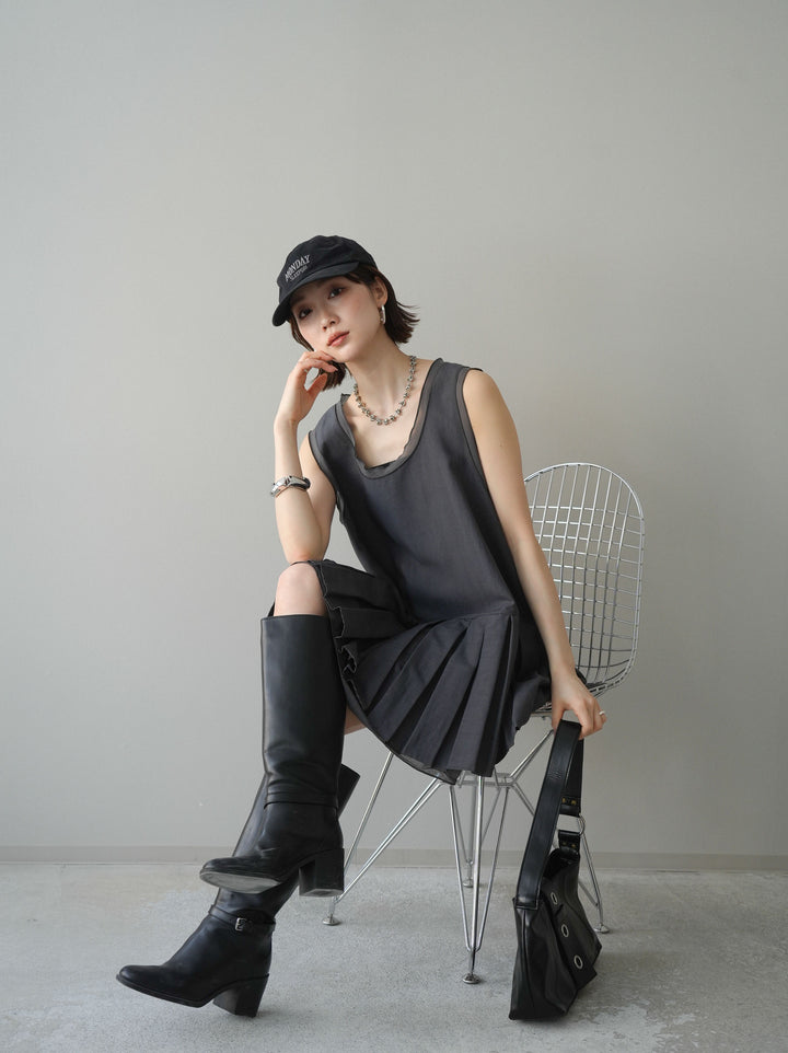 [予約]チュールドッキング裾プリーツミニワンピース/charcoal
