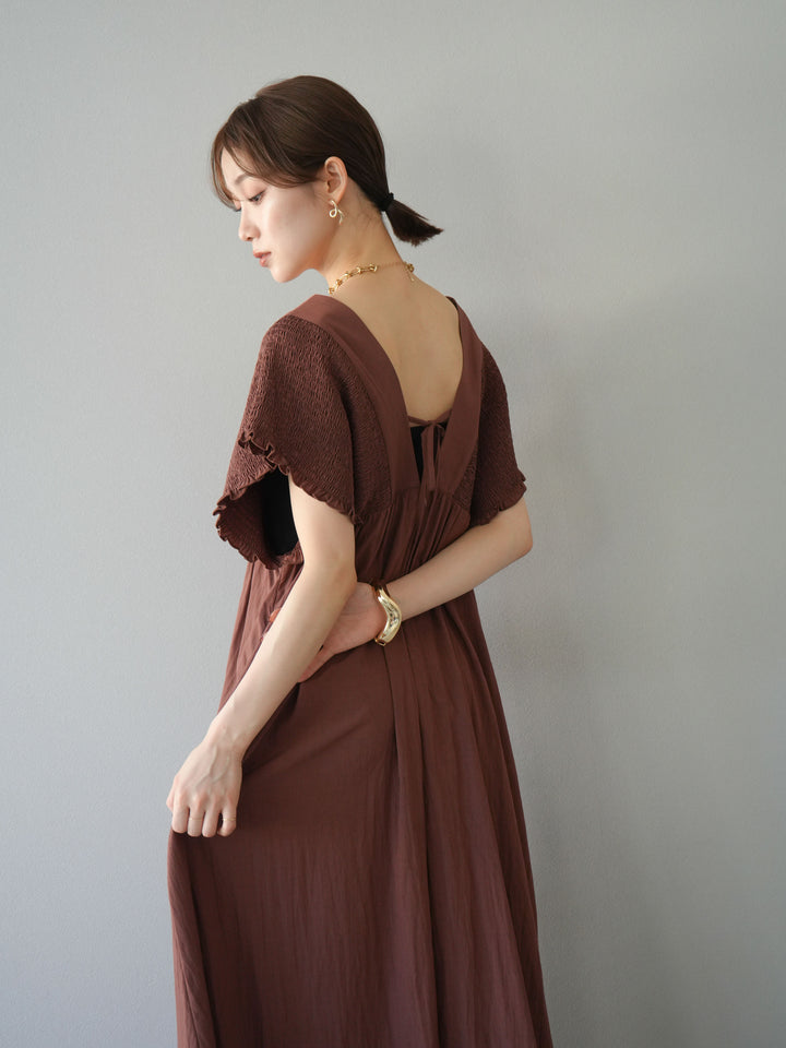 【預購】褶皺V領洋裝/棕色