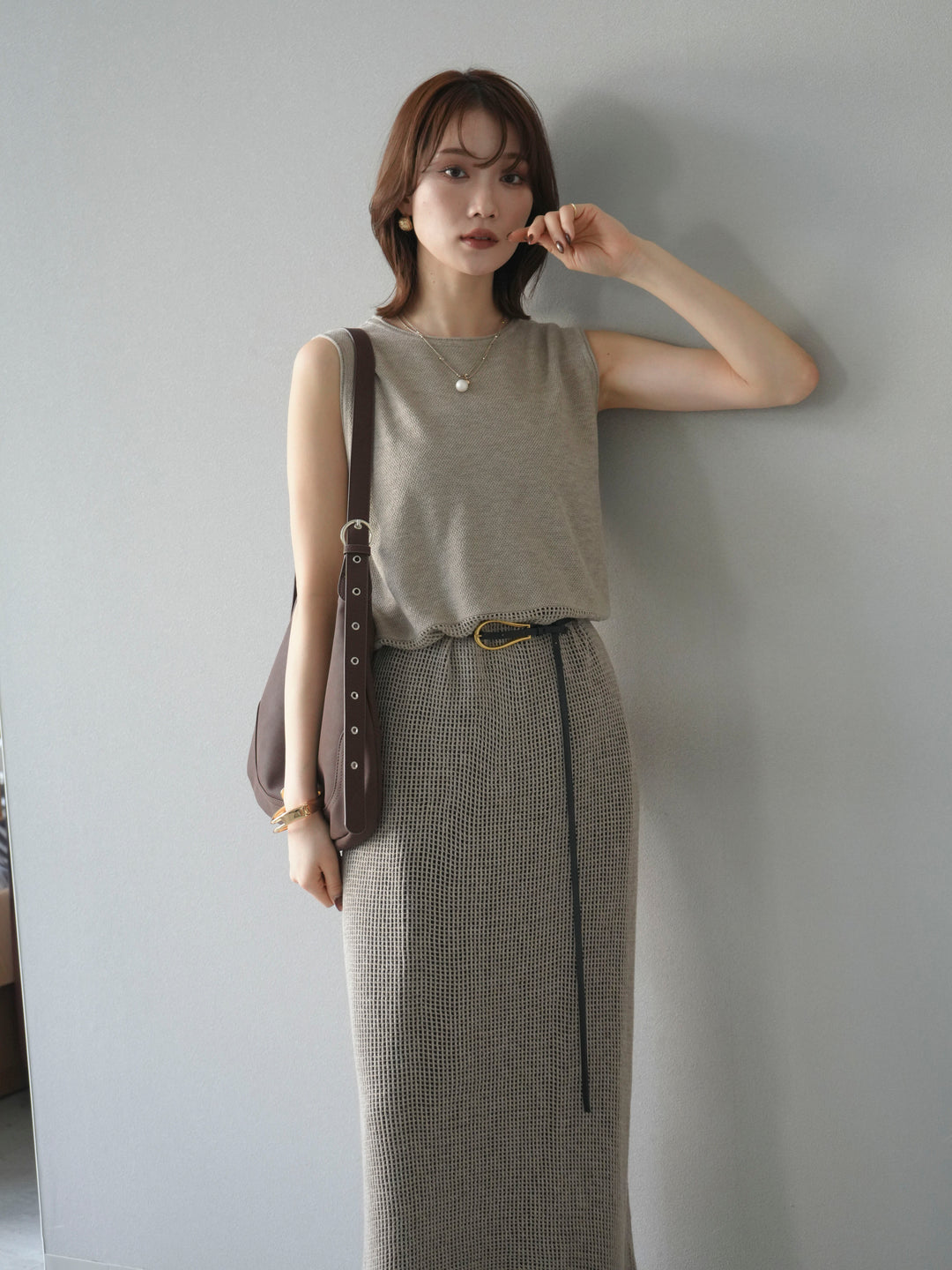 [予約]メッシュ切替ノースリーニットワンピース/beige