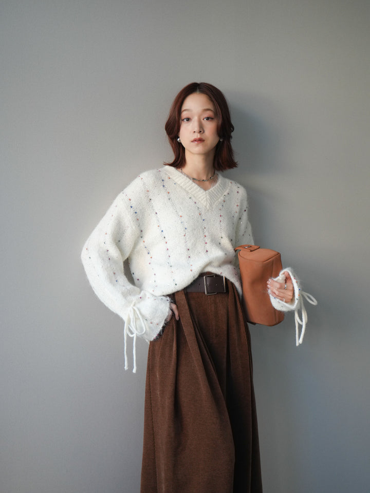 [SET]キャンディースリーブカラーネップスパンコールニットプルオーバー+ベルトデザインループコールテンワイドパンツ(ベルト付き)(2set)