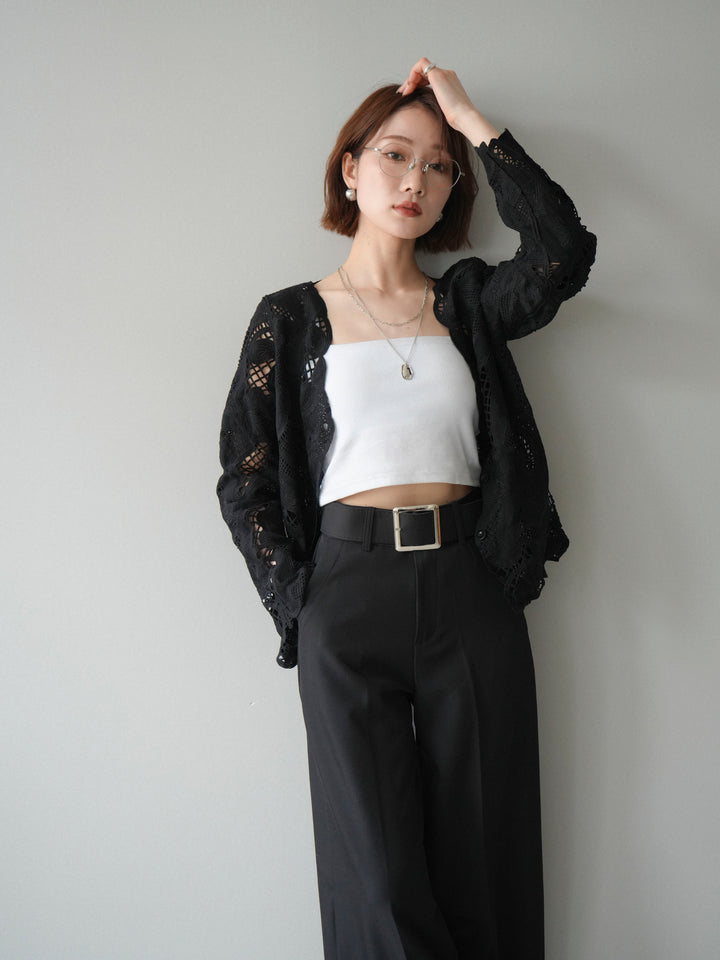 【套裝】3D蕾絲蕾絲上衣+內建胸罩羅紋抹胸吊帶背心（兩件組）