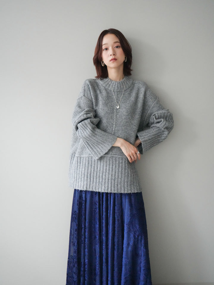 [SET]編み地切替ボトルネックニットプルオーバー+アンティーク柄フロッキーマキシスカート(2set)