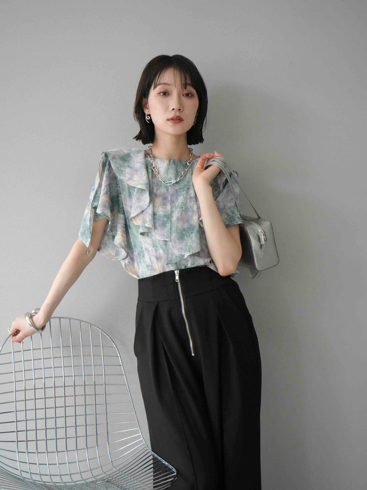 [予約]水彩アートラッフルカラーブラウス/グリーン