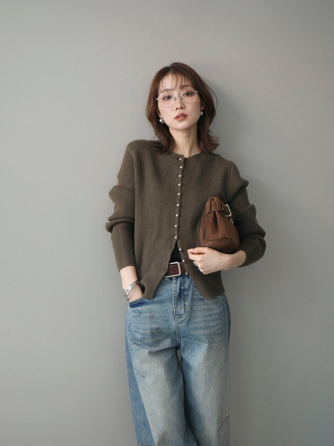 [予約]シルバーボタン畦編みニットカーディガン/brown