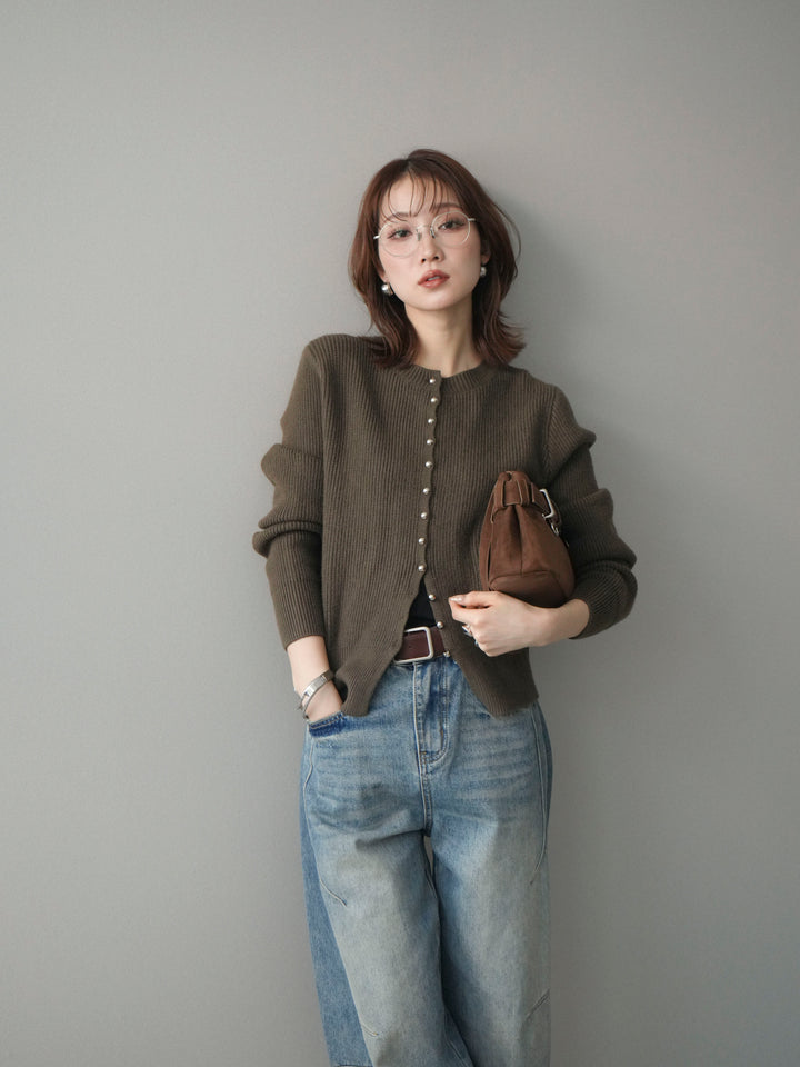[予約]シルバーボタン畦編みニットカーディガン/brown