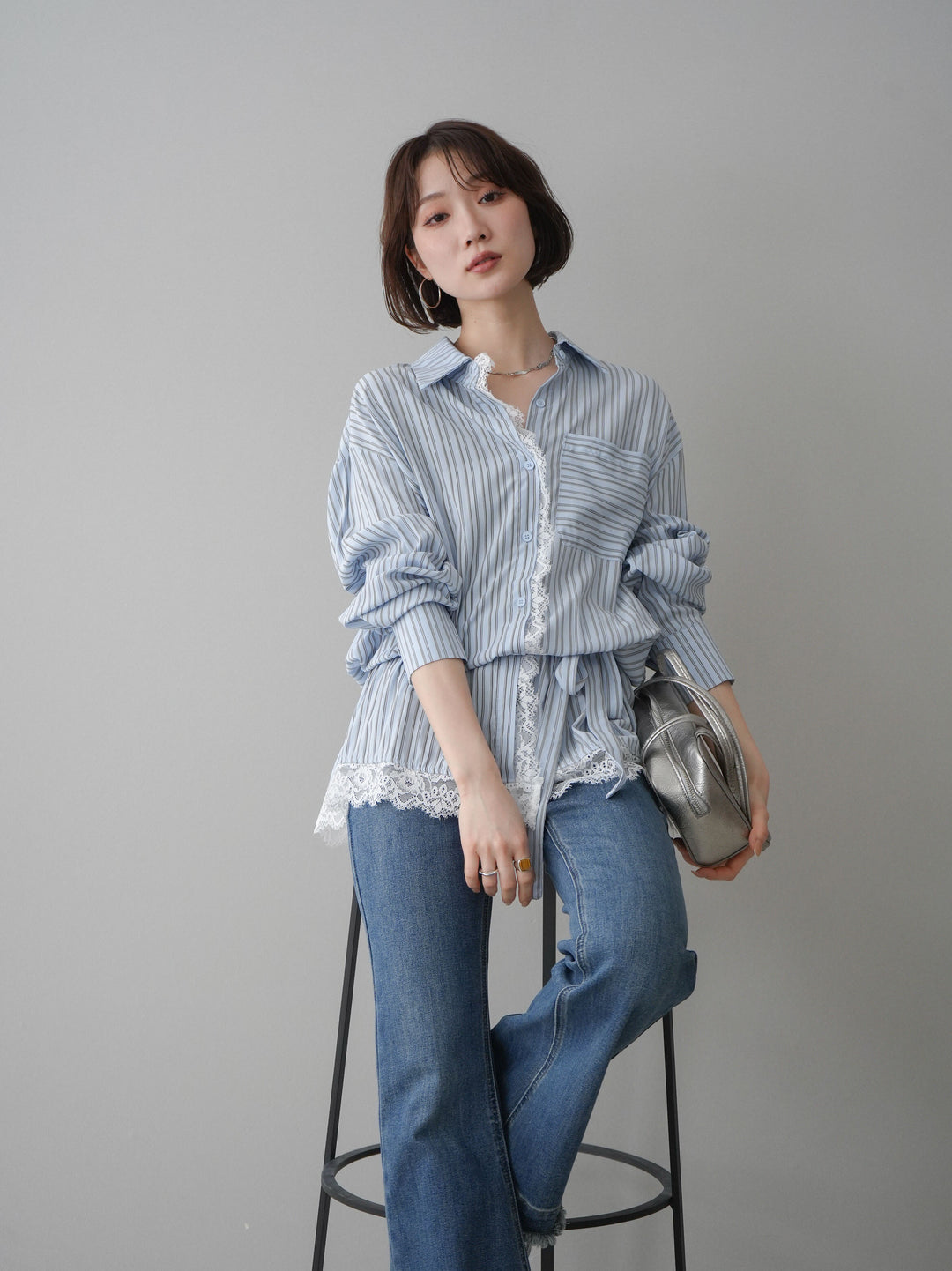 [SET]レース付ストライプウエストギャザーシャツ+フリンジデザインセミフレアデニム(2set)