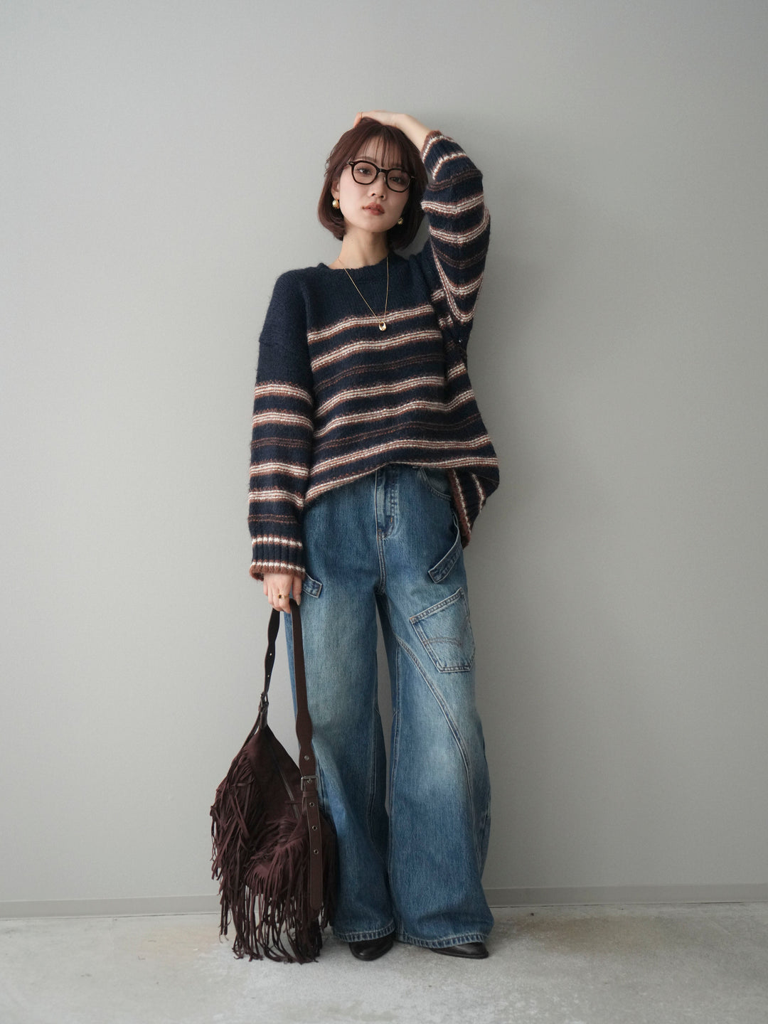 [予約]ステッチボーダーニットプルオーバー/navy