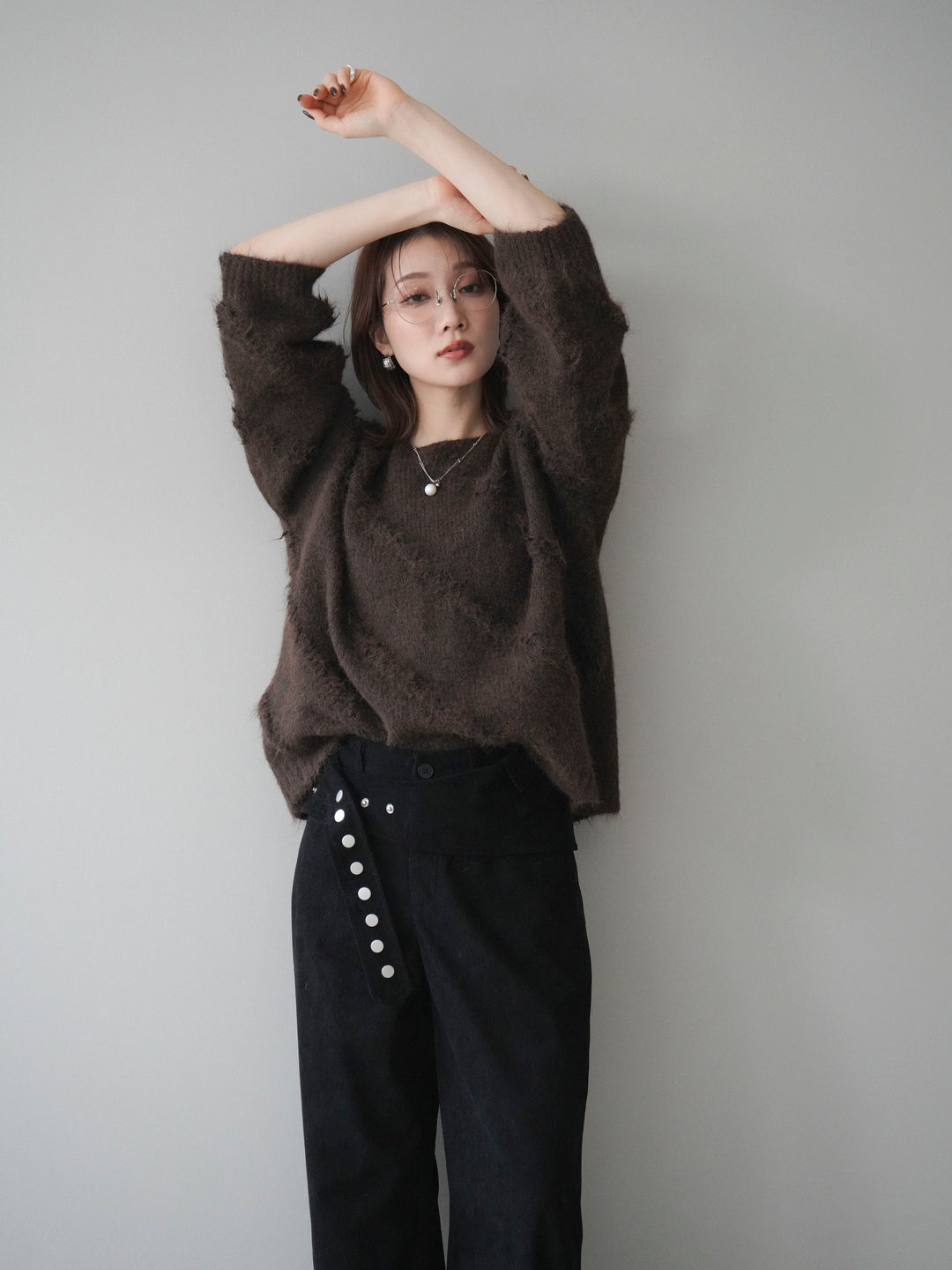 [予約]ブークレラインデザインニットプルオーバー/brown