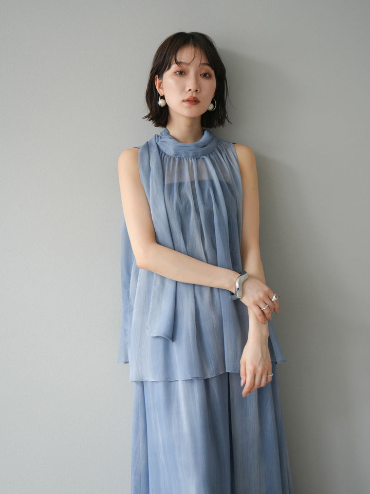 [SET]ニュアンスシアーホルターネックブラウス+ニュアンスシアーフレアスカート(2set)