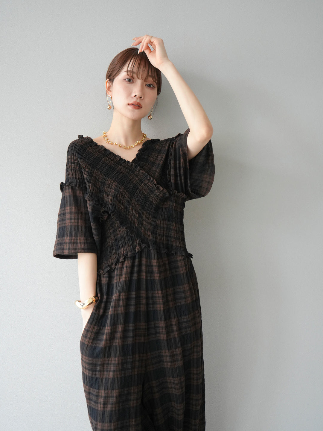 [予約]チェック柄ハーフスリーブシャーリングクロスサロペット/ブラウン