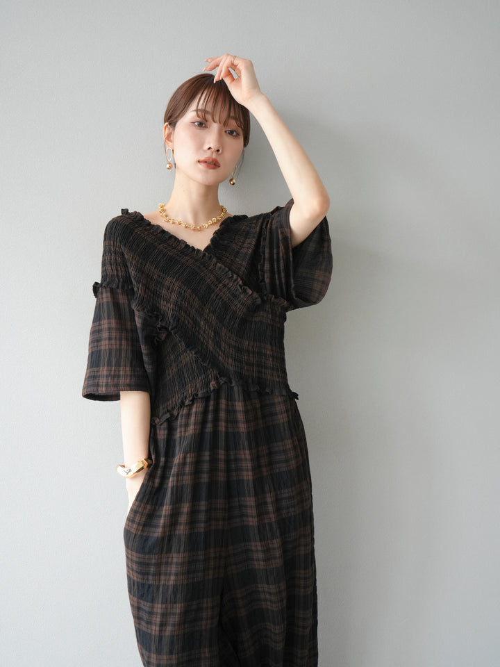 [予約]チェック柄ハーフスリーブシャーリングクロスサロペット/ブラウン