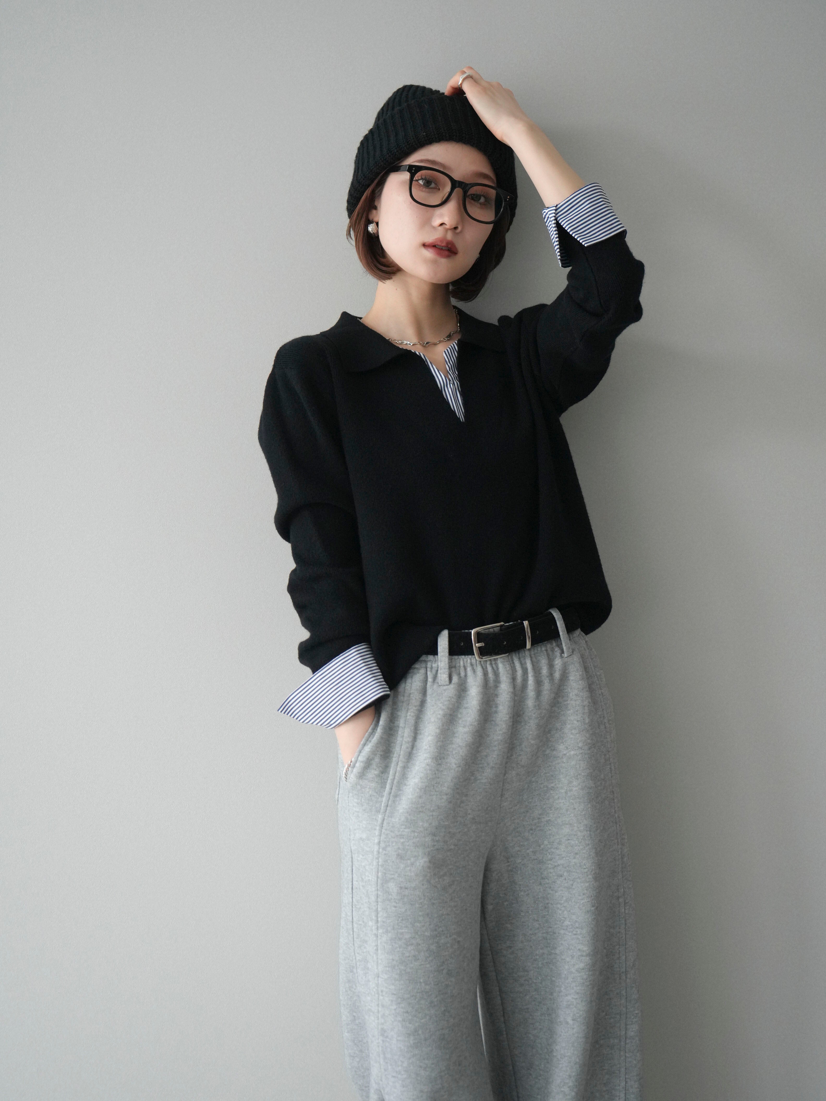 予約]シャツレイヤードスキッパーニットプルオーバー/black – Lumier