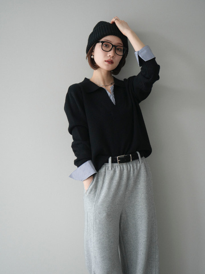[予約]シャツレイヤードスキッパーニットプルオーバー/black