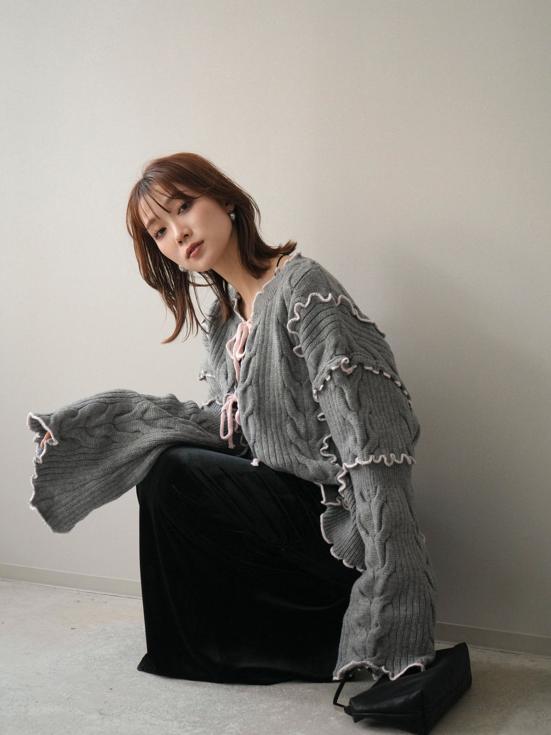[予約]フロントリボン配色メローニットカーディガン/gray