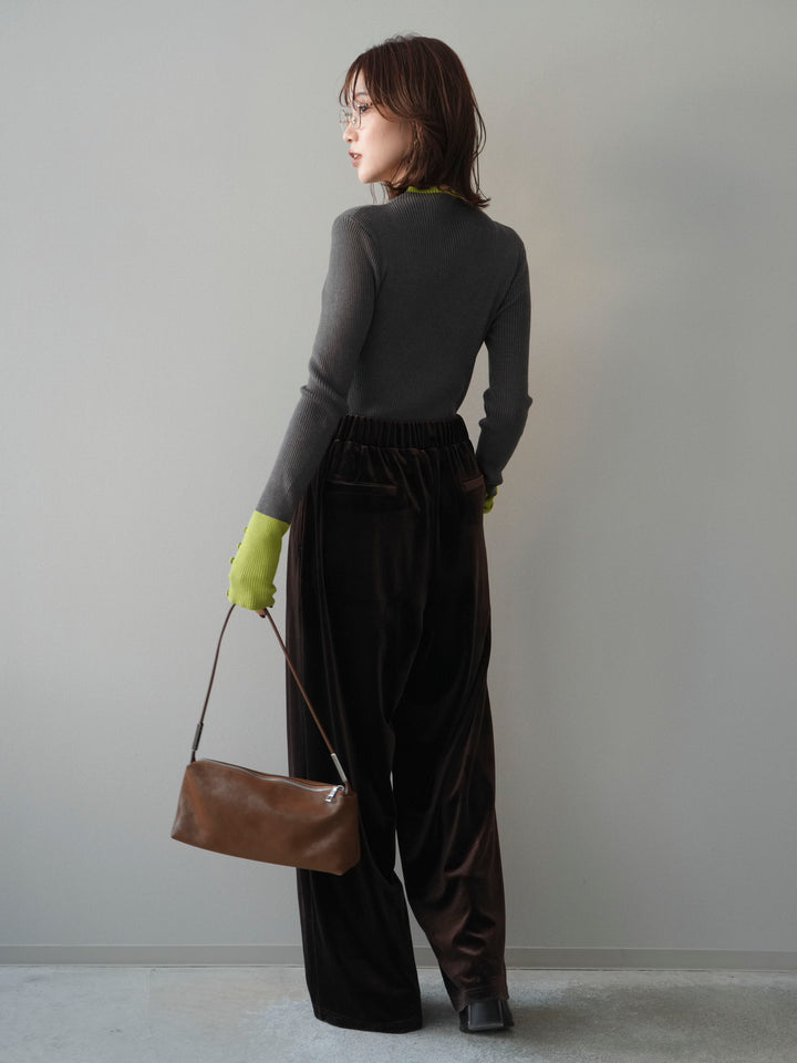 [SET]袖ボタンハイネック配色リブニットトップス+ベロアベルトスリムパンツ(2set)