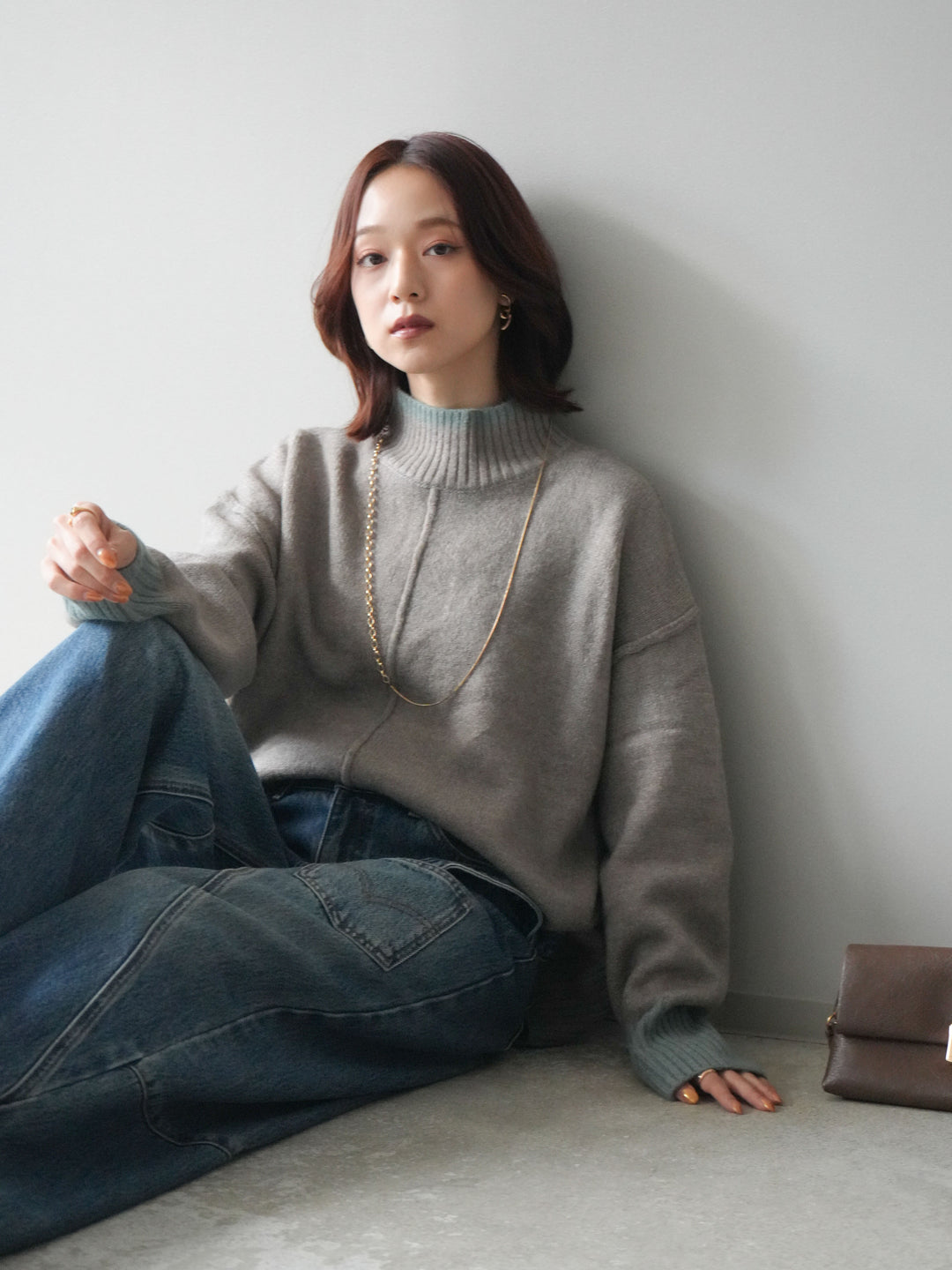 [SET]配色ハイネックニットプルオーバー+ペインターカーブデニムパンツ(2set)