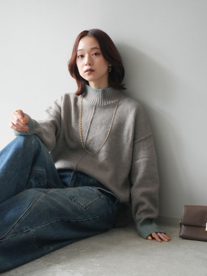 [SET]配色ハイネックニットプルオーバー+ペインターカーブデニムパンツ(2set)