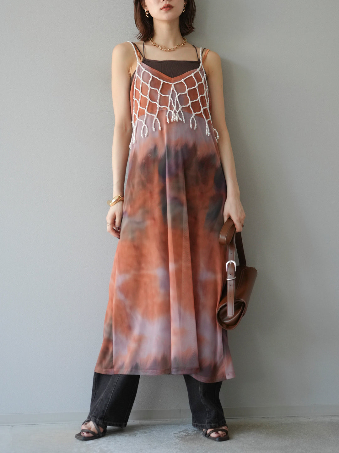 [予約タイダイ柄シアーキャミワンピース/オレンジ