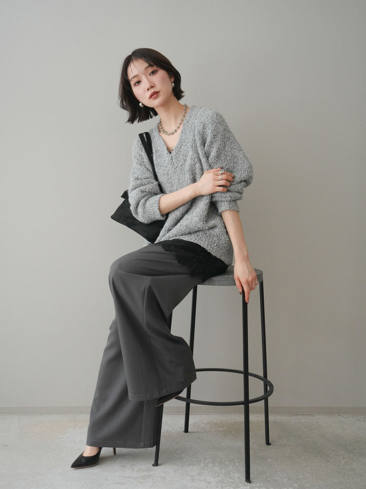 [SET]Vネックスラブニットプルオーバー+選べるアクセセット(2set)