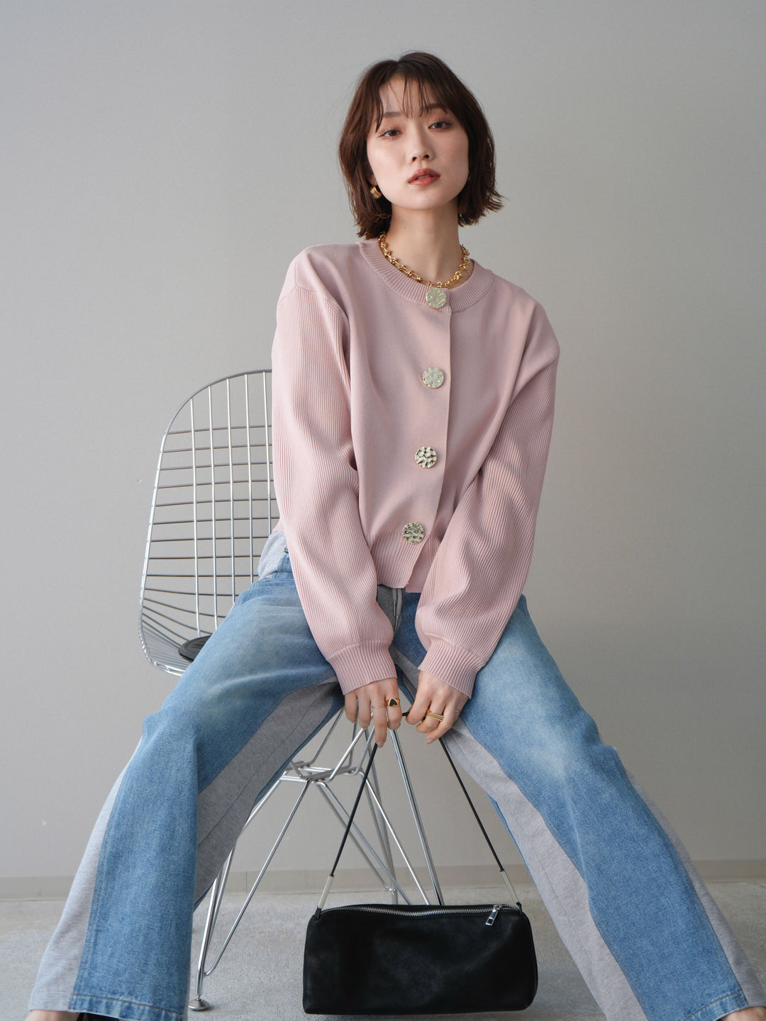 [SET]メタルボタンクルーネックニットカーディガン+選べるアクセセット(2set)