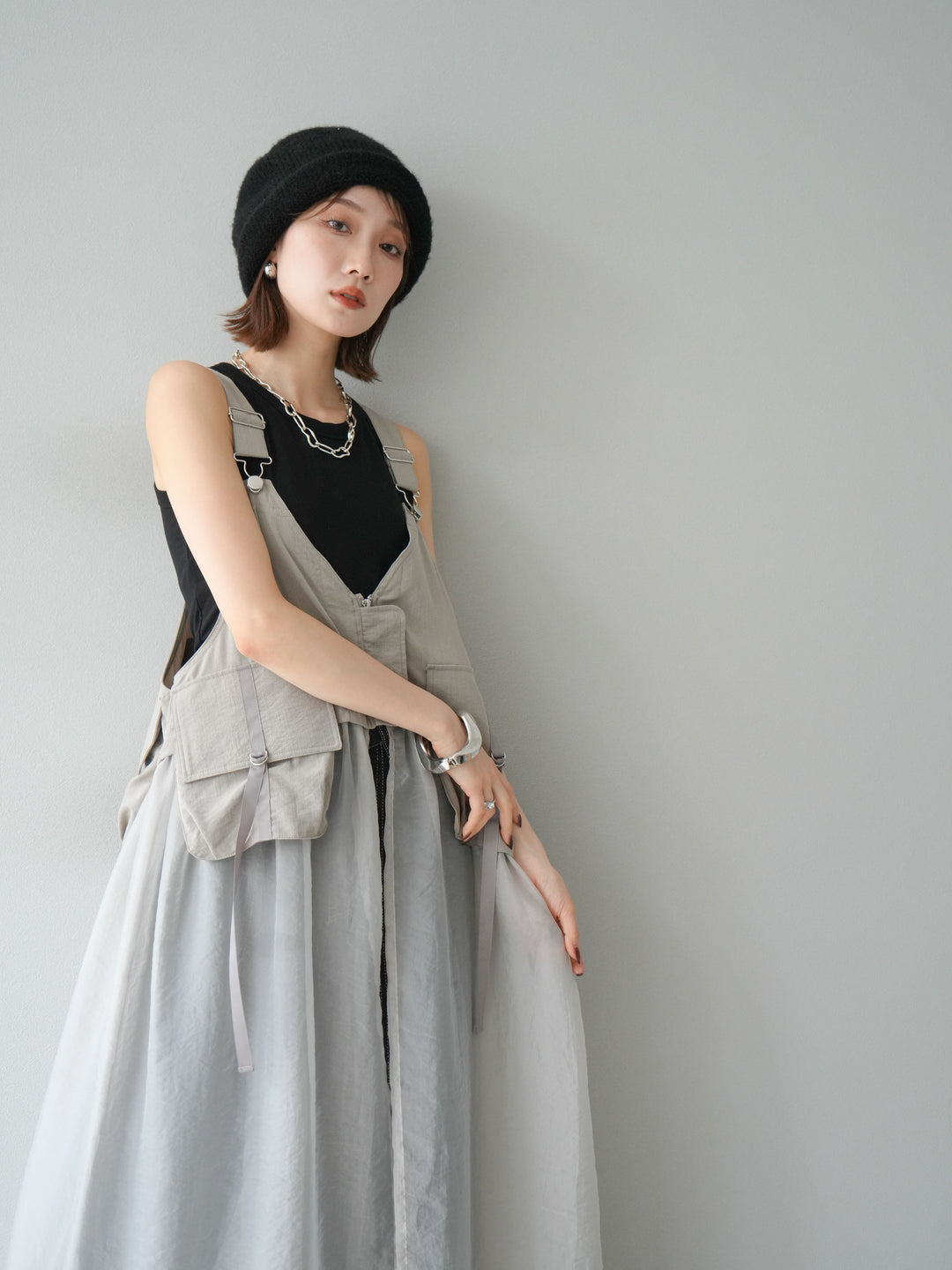 [予約]タクティカルベストオーガンザワンピース/グレージュ