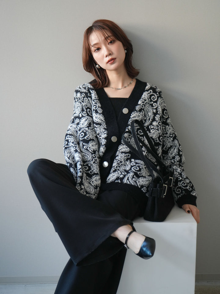 [予約]ペイズリー柄ニットカーディガン/black