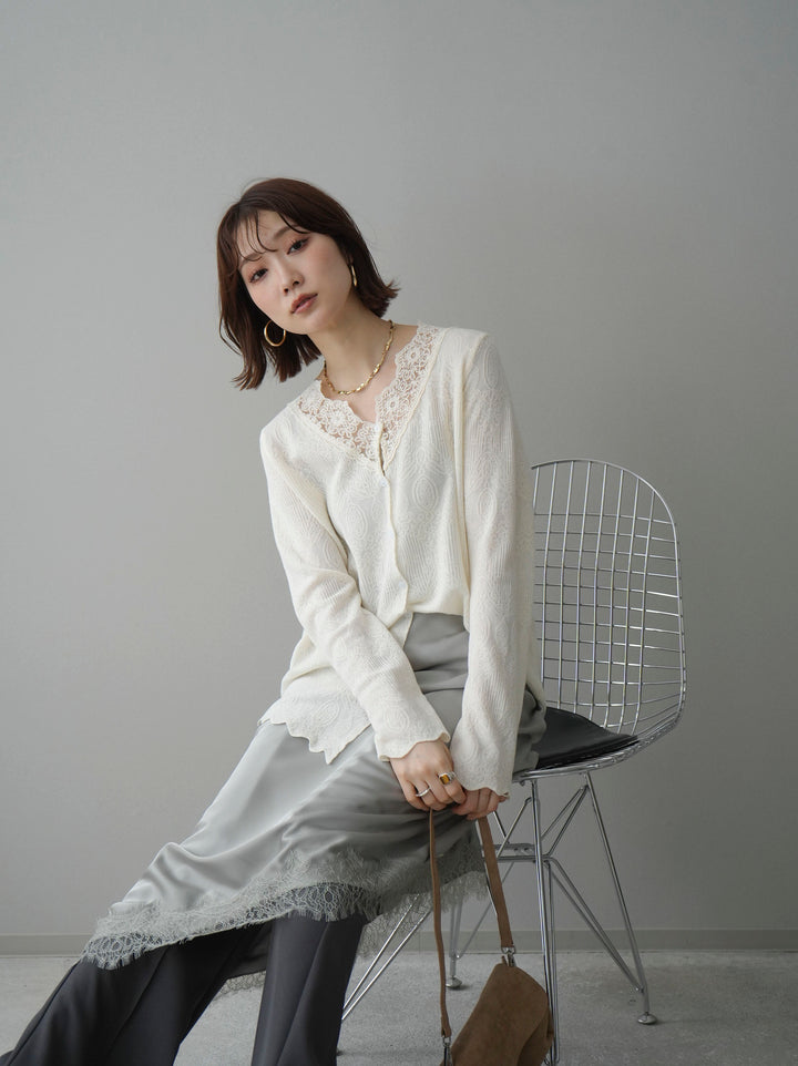 [SET]レースネックジャガードニットカーディガン+センターシームフレアパンツ(2set)