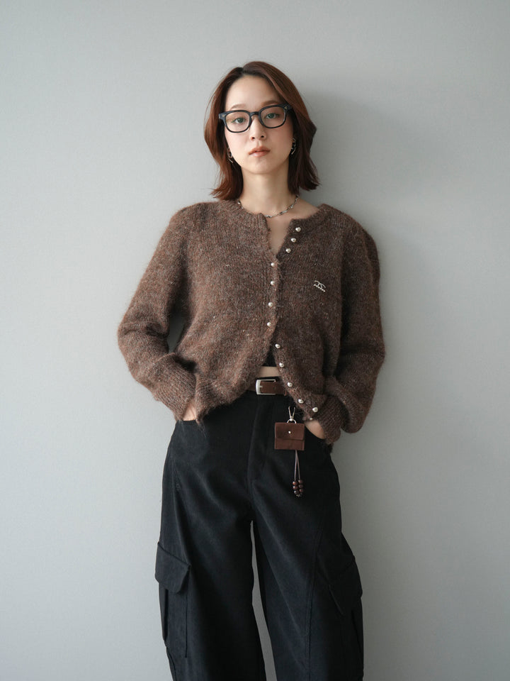 [予約]ブローチ付silverボタンミックスニットカーディガン/brown