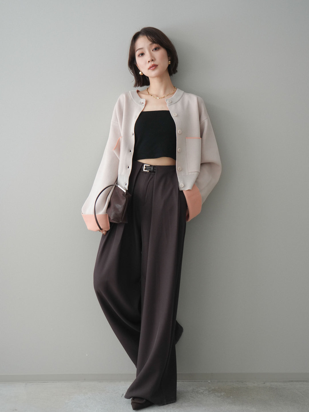 [SET]レーヨンポリダブルフェイスニットカーディガン+ベルトループデザインワイドパンツ(2set)