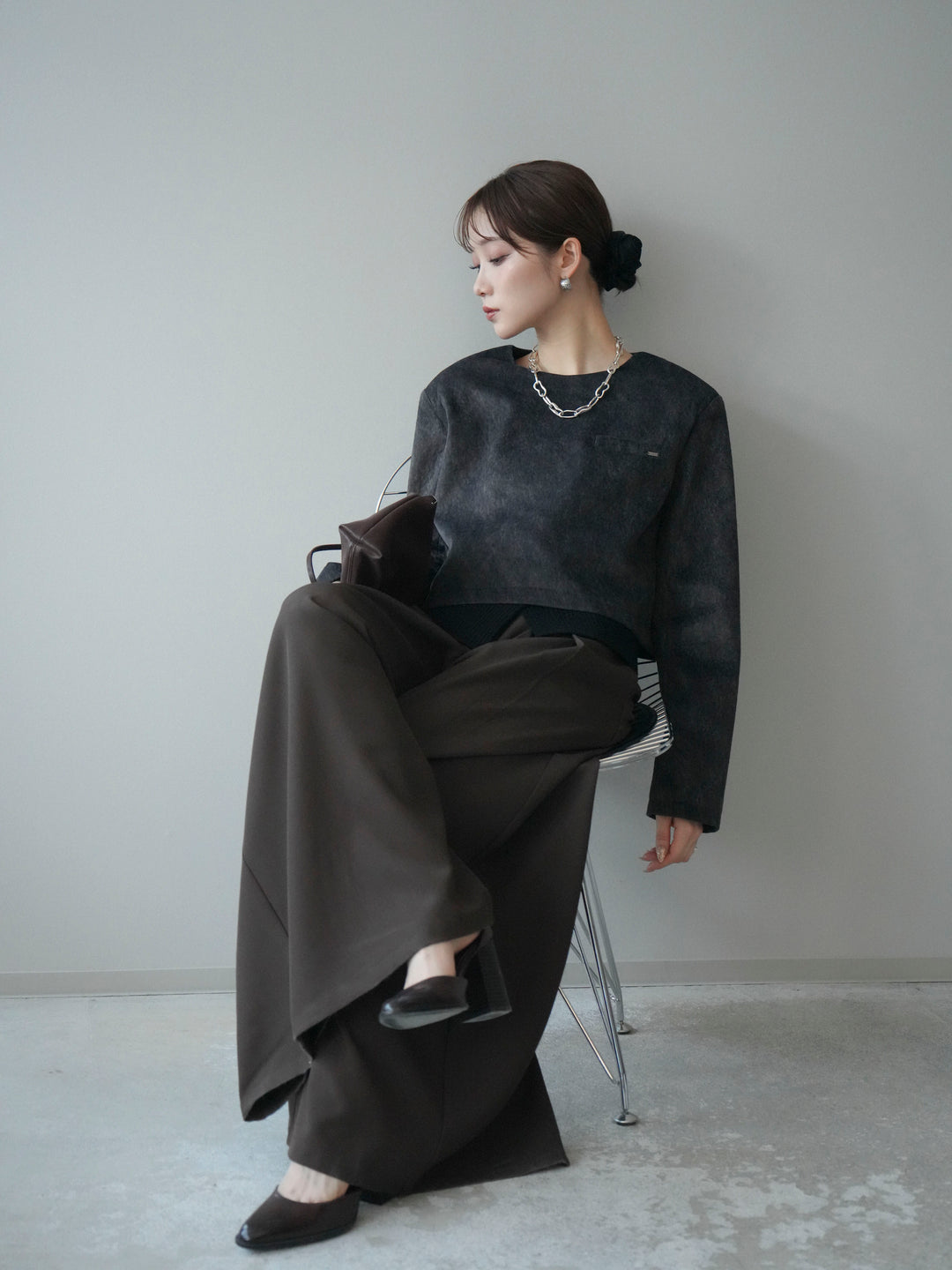 [予約]リブニットレイヤードスエードプルオーバー/charcoal