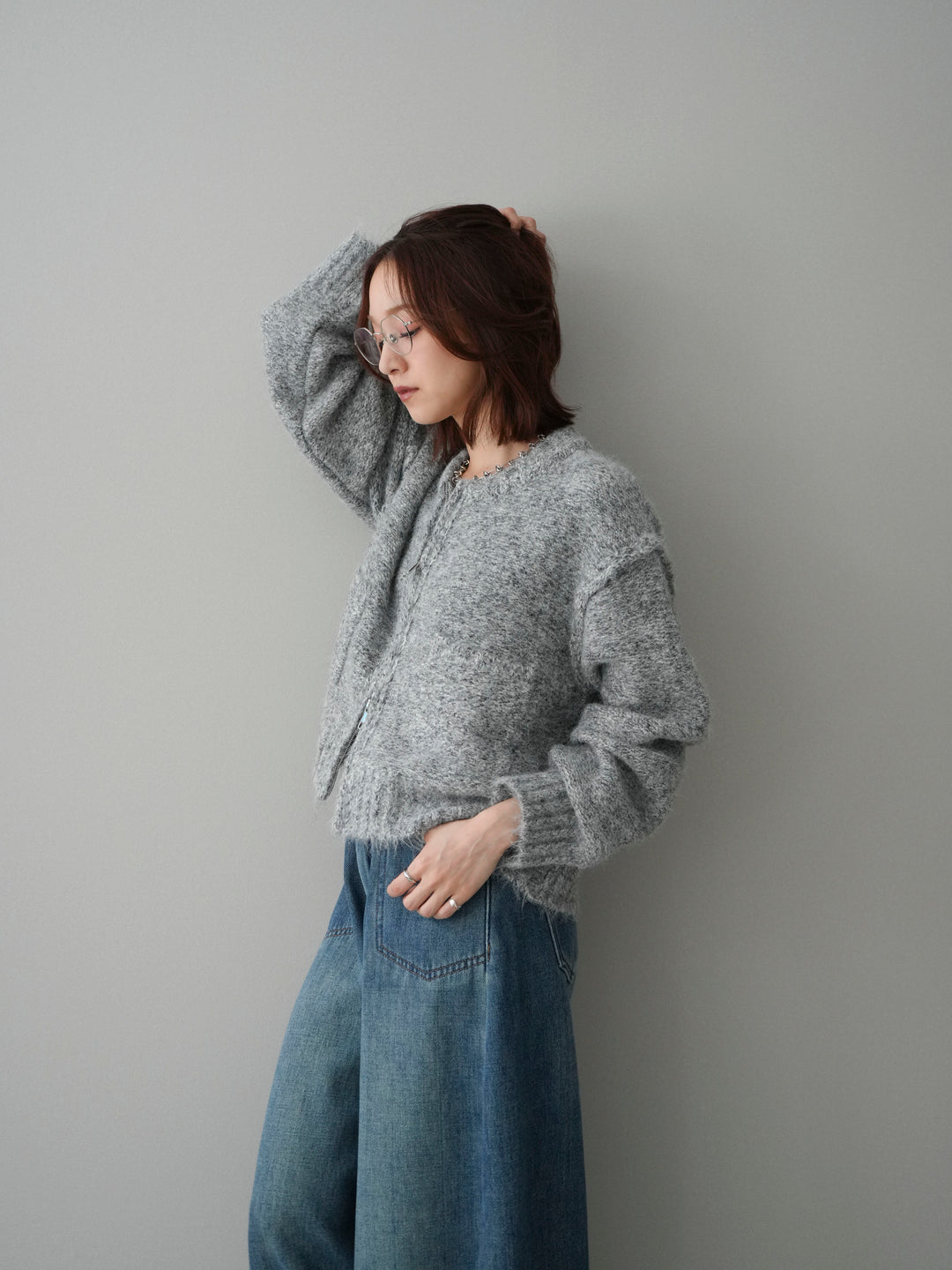 [SET]ミックスヤーンダブルZIPニットカーディガン+ベルト付裏起毛カーブデニムパンツ(2set)