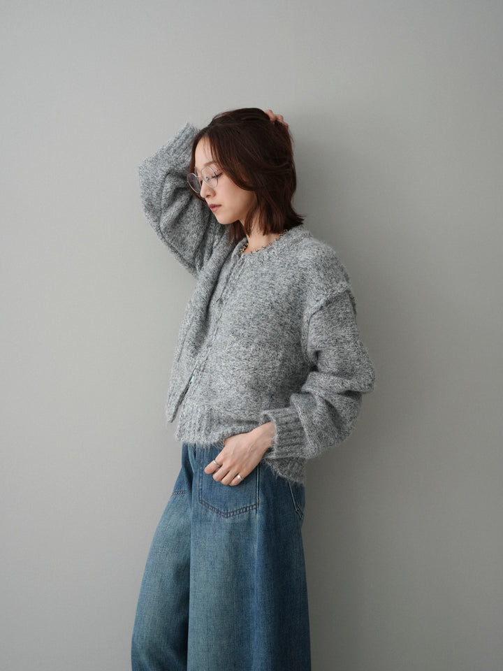 [SET]ミックスヤーンダブルZIPニットカーディガン+ベルト付裏起毛カーブデニムパンツ(2set)