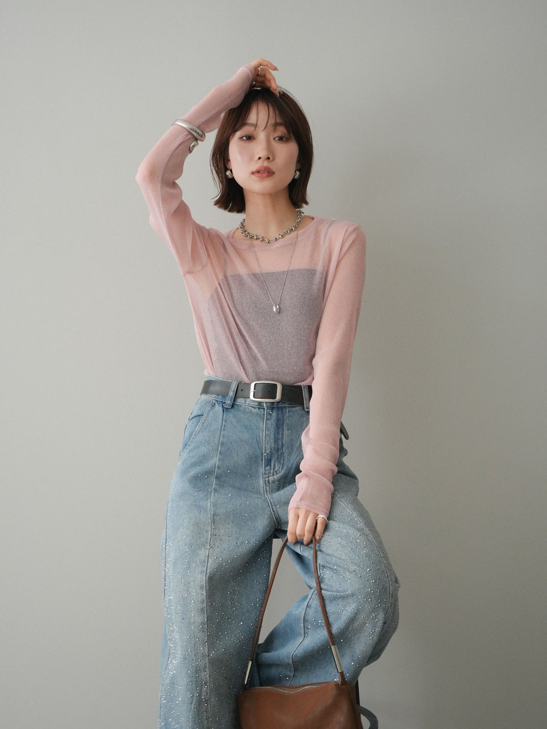 [予約]ラメシアークルーネックトップス/pink