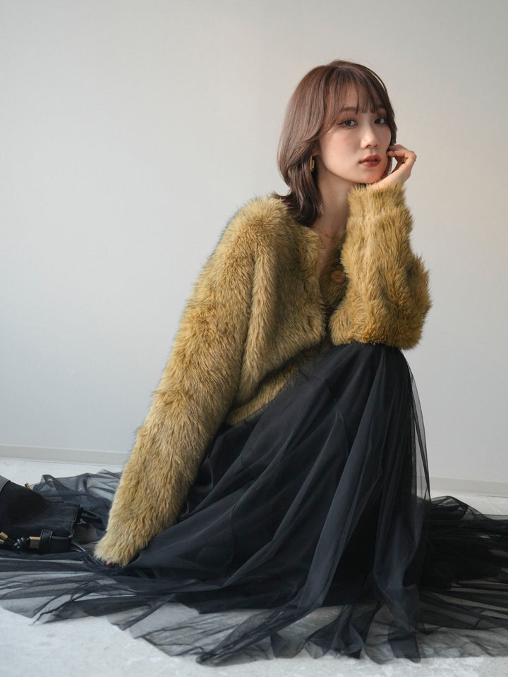 [予約]ミックスシャギーショートニットカーディガン/green