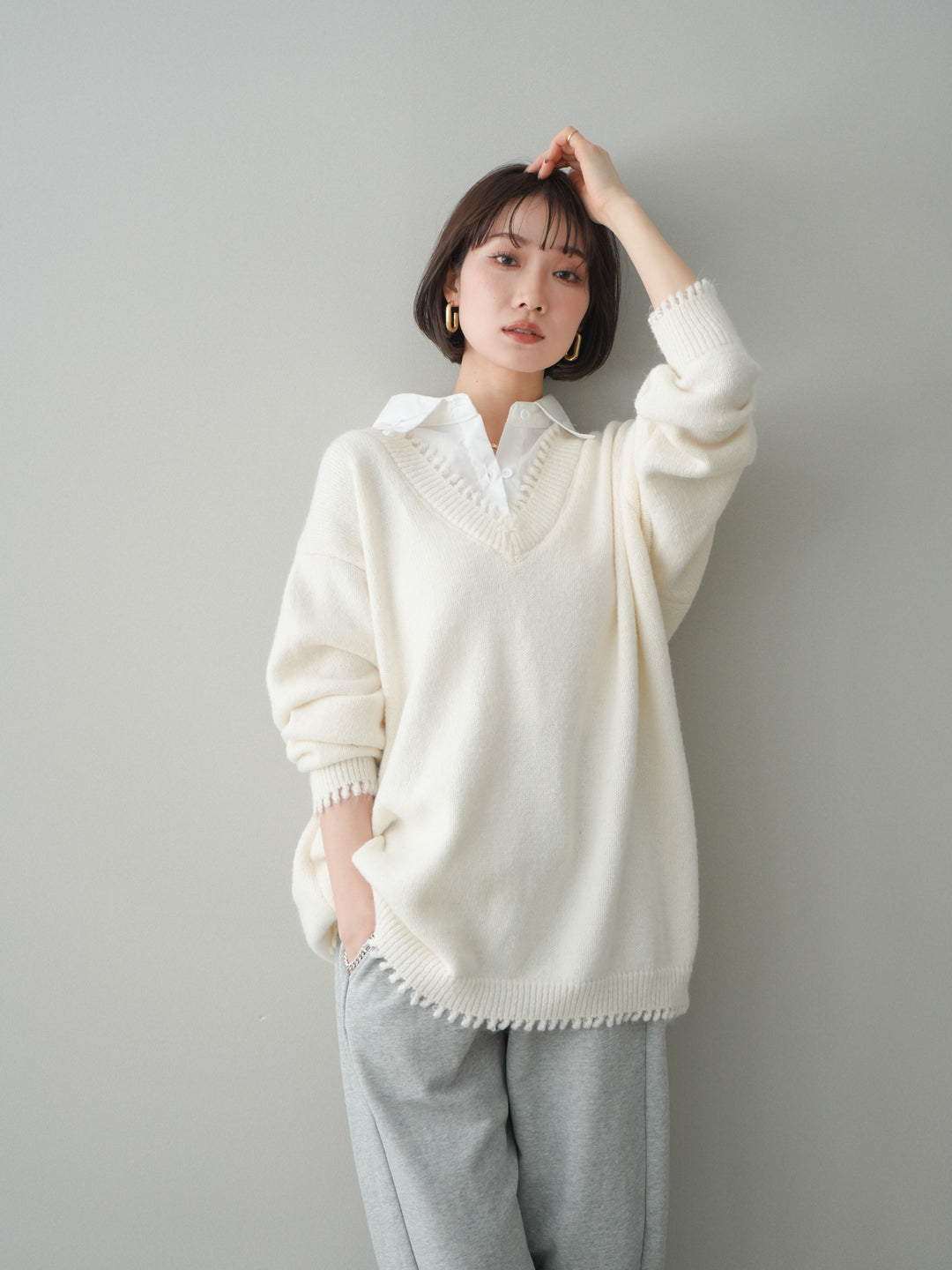 [SET]シャツドッキングVネックフリンジニットプルオーバー+選べるアクセセット(2set)