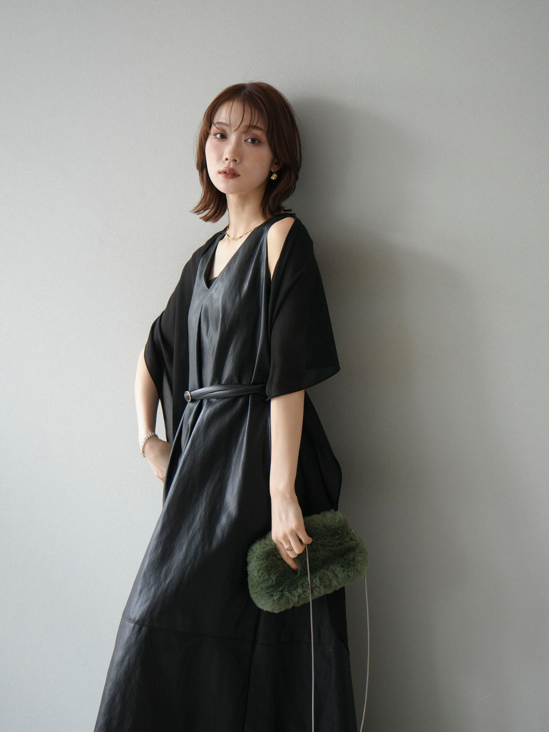 [予約]レザーAラインワンピース/ブラック